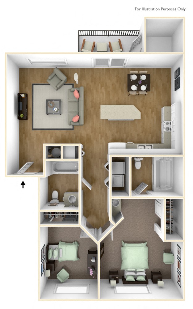 Floor plan for 2 beds, 2 baths, 921 sqft